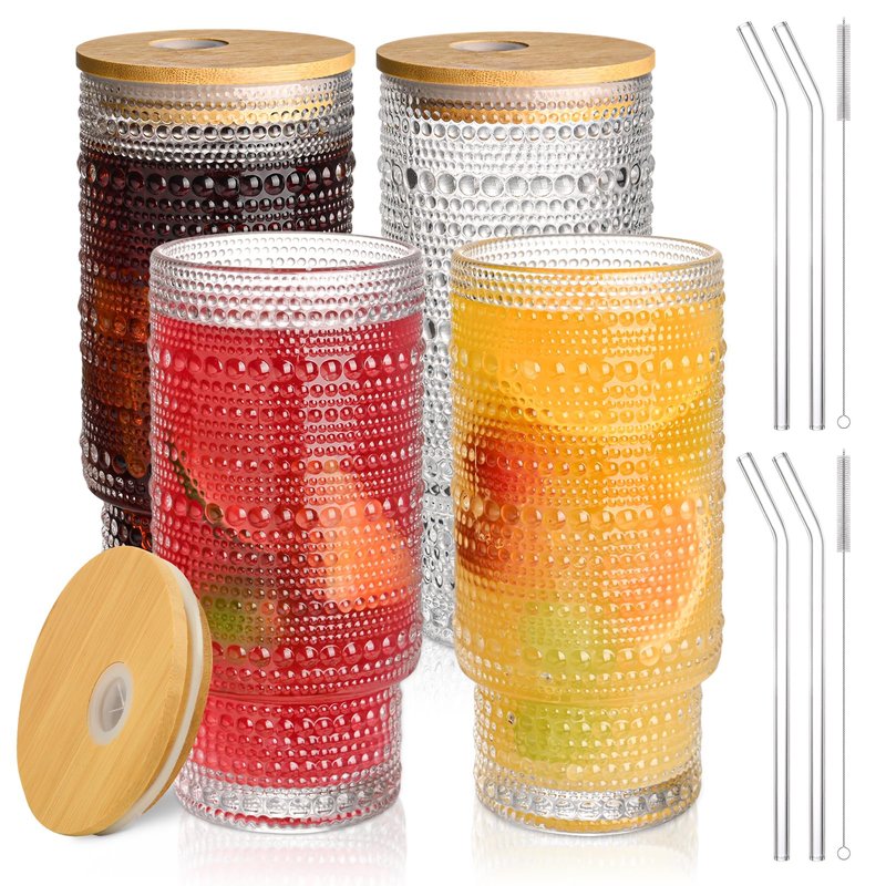 AUFXKOO 16OZ Glass Coffee Cups with Lids and Straw,4Pcs Glass Tumbler with Straw and Lid,Vintage Embossed Glassware for Whiskey Cocktail Beer,Iced Coffee Cup