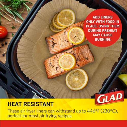 Glad Air Fryer Liners - Nonstick & Heat Resistant, 9" Rounded Square Shape - 100 Count, Food Grade Material