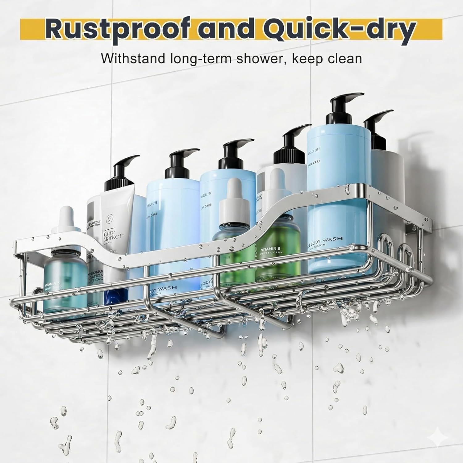 OMAIRA Shower Caddy - 3-Pack Rustproof Organizer with Soap Holder for Smooth Walls & Glass Tile - Silver (Large)