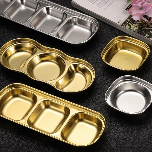 uxcell 10 Pack Stainless Steel Dish Dipping Bowls with 3 Round Compartment Divided, Metal Seasoning Plate Dipping Bowl for Condiment Home Party Restaurant Picnic Travel, Silver