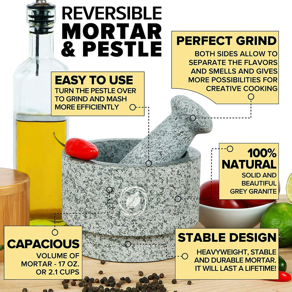 Laevo Mortar and Pestle Set (Large) - Stone Spice Grinder - Grinding Bowl and Pestle - Reversible Molcajete Mexicano - Large Mortar and Pestles Set for Guacamole, Spices - 2.1 Cup, Gray Granite