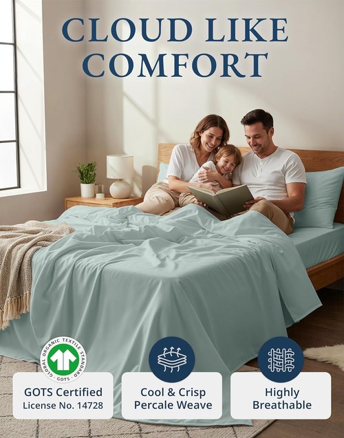LANE LINEN 100% Organic Cotton Queen Sheet Set - Eco-Friendly, Fade Resistant, French Blue