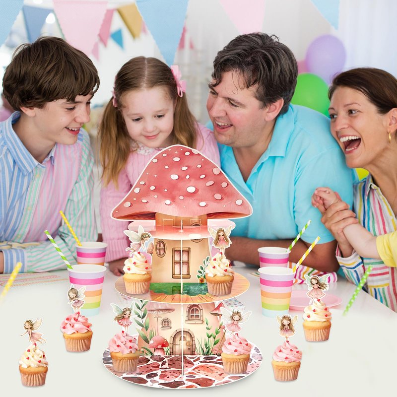 Fairy Birthday Party Decorations 3 Tier Mushroom Cupcake Stand with Fairy Theme Cupcake Toppers Fairies Garden Party Cake Decoration for Woodland Fairies Theme Birthday Baby Shower Spring Supplies