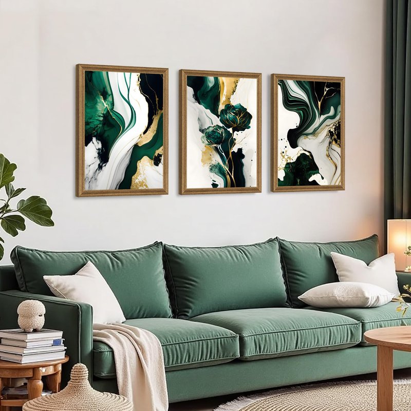 VisionaryBrush Framed Emerald Green Wall Art, Abstract Marbled Canvas Wall Decor, Modern Abstract Green and Gold Poster Print for Living Room Bedroom Office Aesthetic Picture 16x24 Inch 3 Pieces