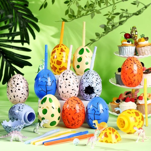 Maxcheck 24 Pcs Kids Dinosaur Party Favor Cups with Lids and Straws,10 oz Egg Dinosaur Cups for Birthday Decorations Dino Egg Theme Party Supplies for Boys Girls