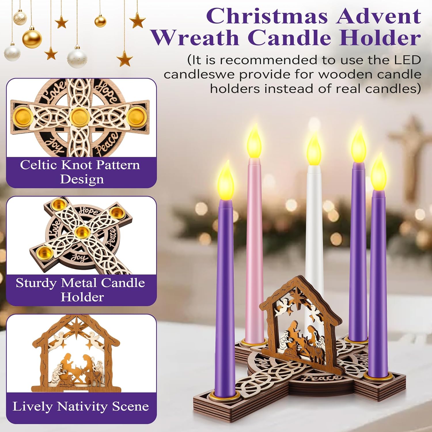 Regine Switzerland Christmas Advent Wreath Candle Holder - 5 Pcs Flameless Candles & Wood Cross Nativity Scene