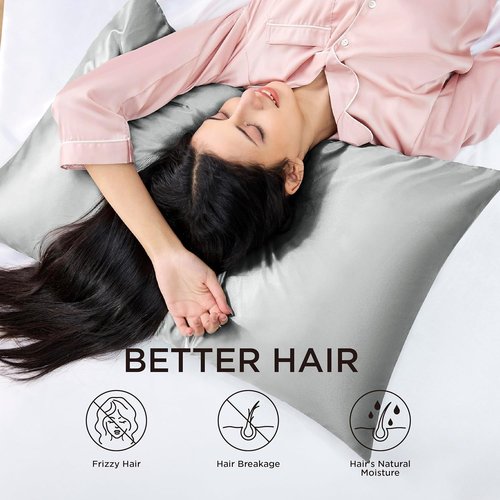 Bedsure Satin Pillowcase - Silky Soft Zippered Pillow Covers for Hair & Skin | Queen Size Set of 2, Grey 20x30 Inches