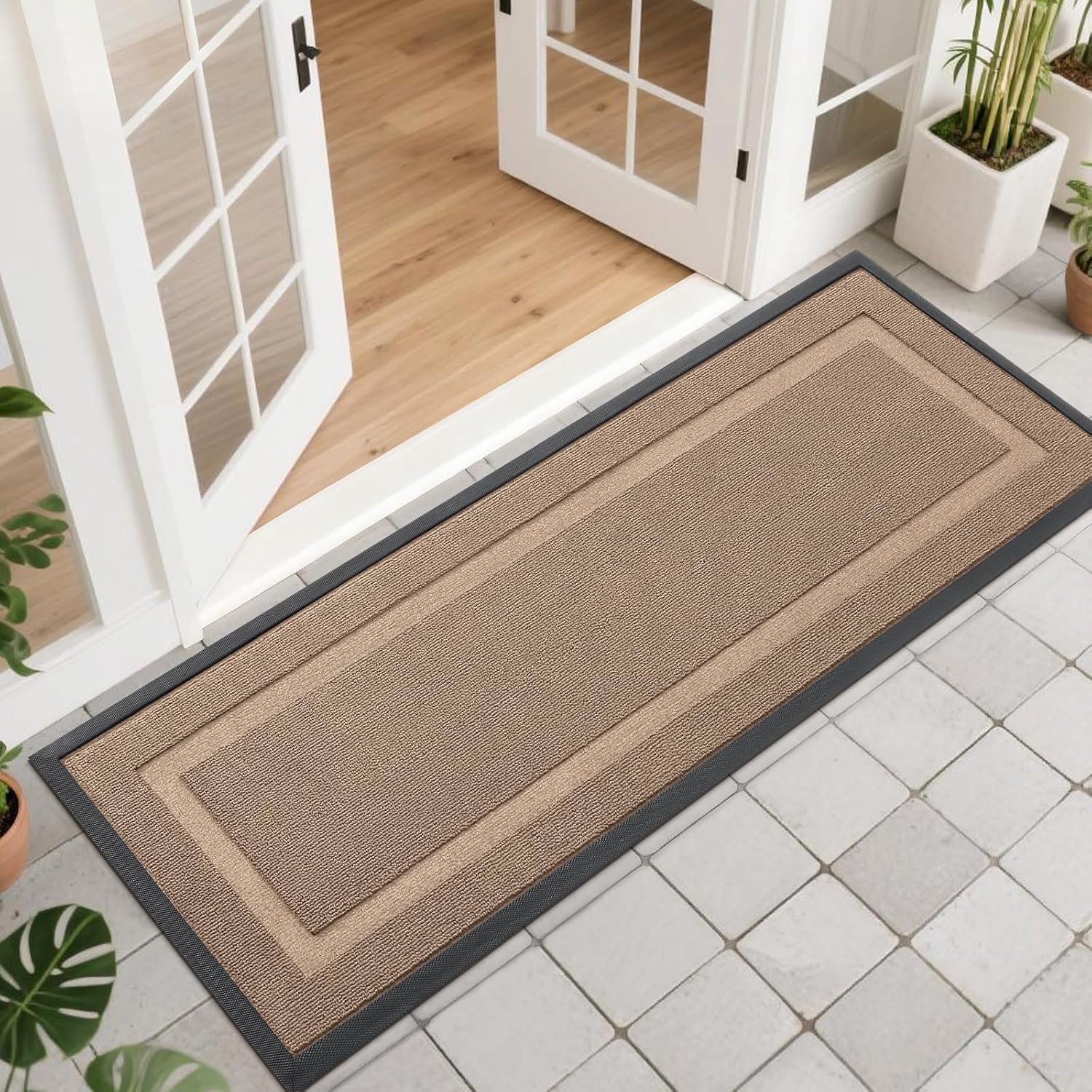 OLANLY Waterproof Front Door Mat - All-Season Natural Rubber Doormat | Easy Clean, 47x17, Mocha