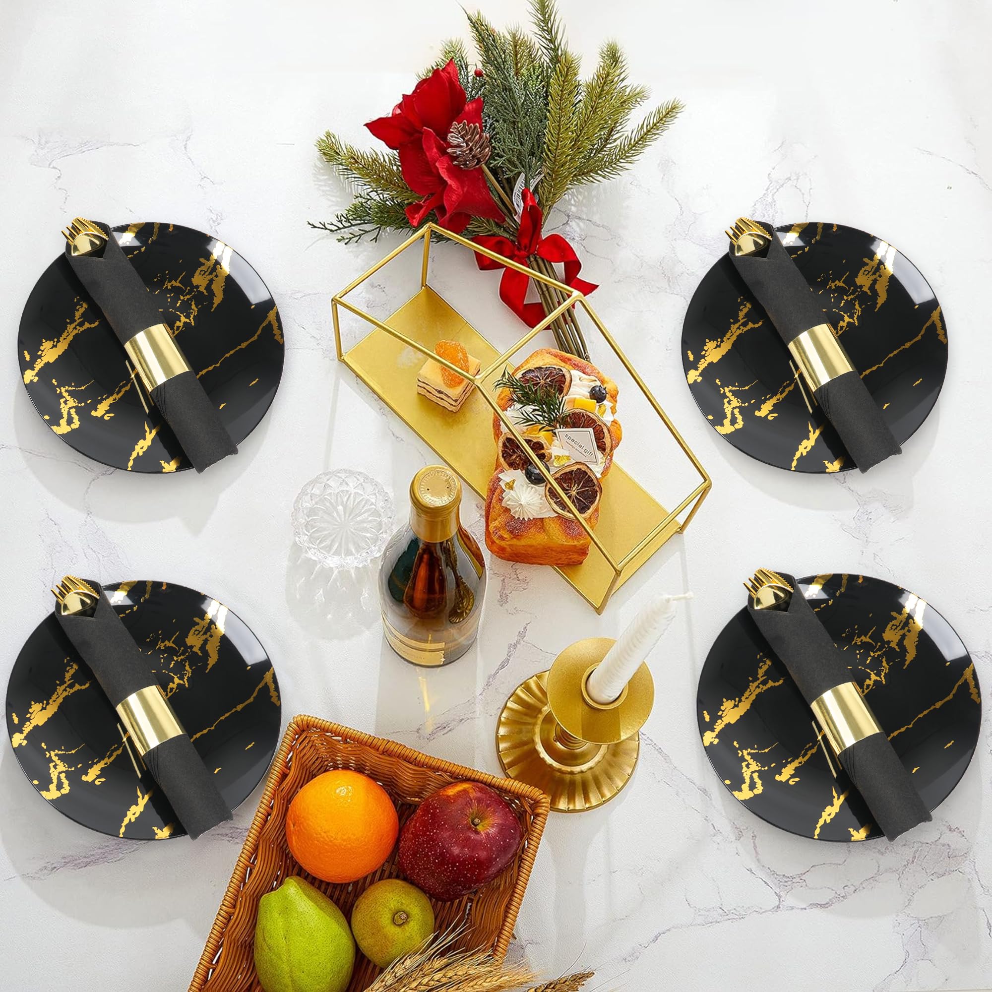 Dlebay 100 Pack Pre Rolled Gold Plastic Silverware Set,Wrapped Plastic Cutlery Set with Napkin Include 100 Forks,100 Spoons,100 Knives and 100 Black Napkins for Party, Wedding,Christmas