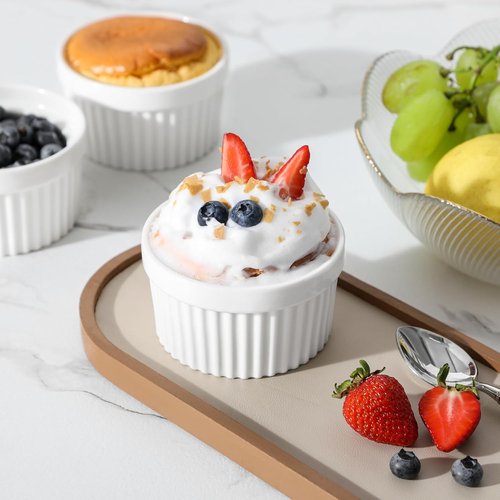 MALACASA Ramekins - 6 Oz Oven Safe Porcelain Baking Cups | Set of 6 White Creme Brulee Dishes