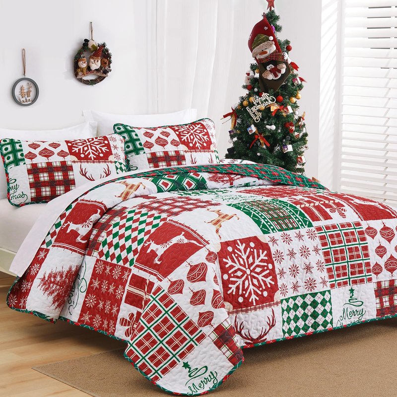 WONGS BEDDING Christmas Quilt Set Queen Size, Reversible Christmas 3-Piece Bedspread Set with Elk Snowflake Pattern, Soft and Lightweight Plaid Quilt Coverlet Bed Set for All Season(96"×90“)