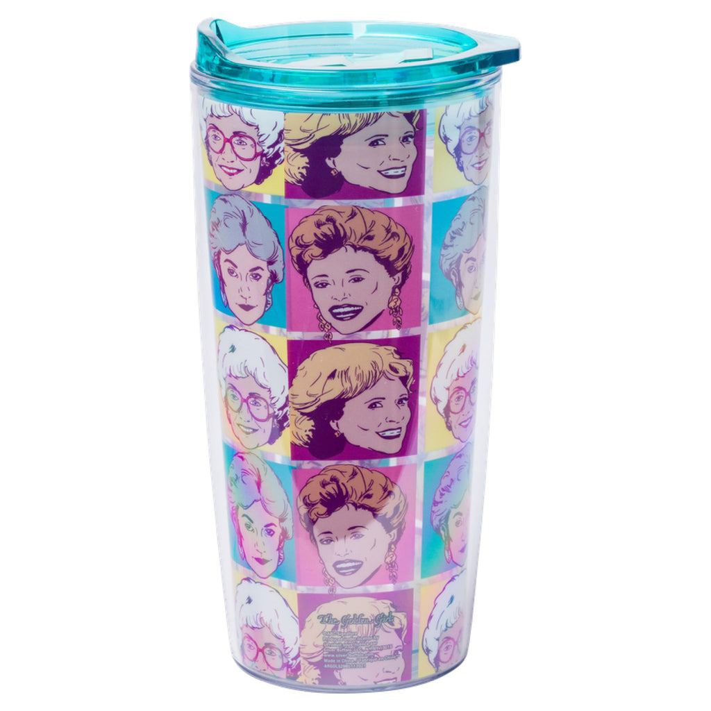 Silver Buffalo Golden Girls Character Grid Featuring Dorothy, Blanche, Rose, and Sophia Double Wall Travel Tumbler with Slide Close Lid, 20 Ounces