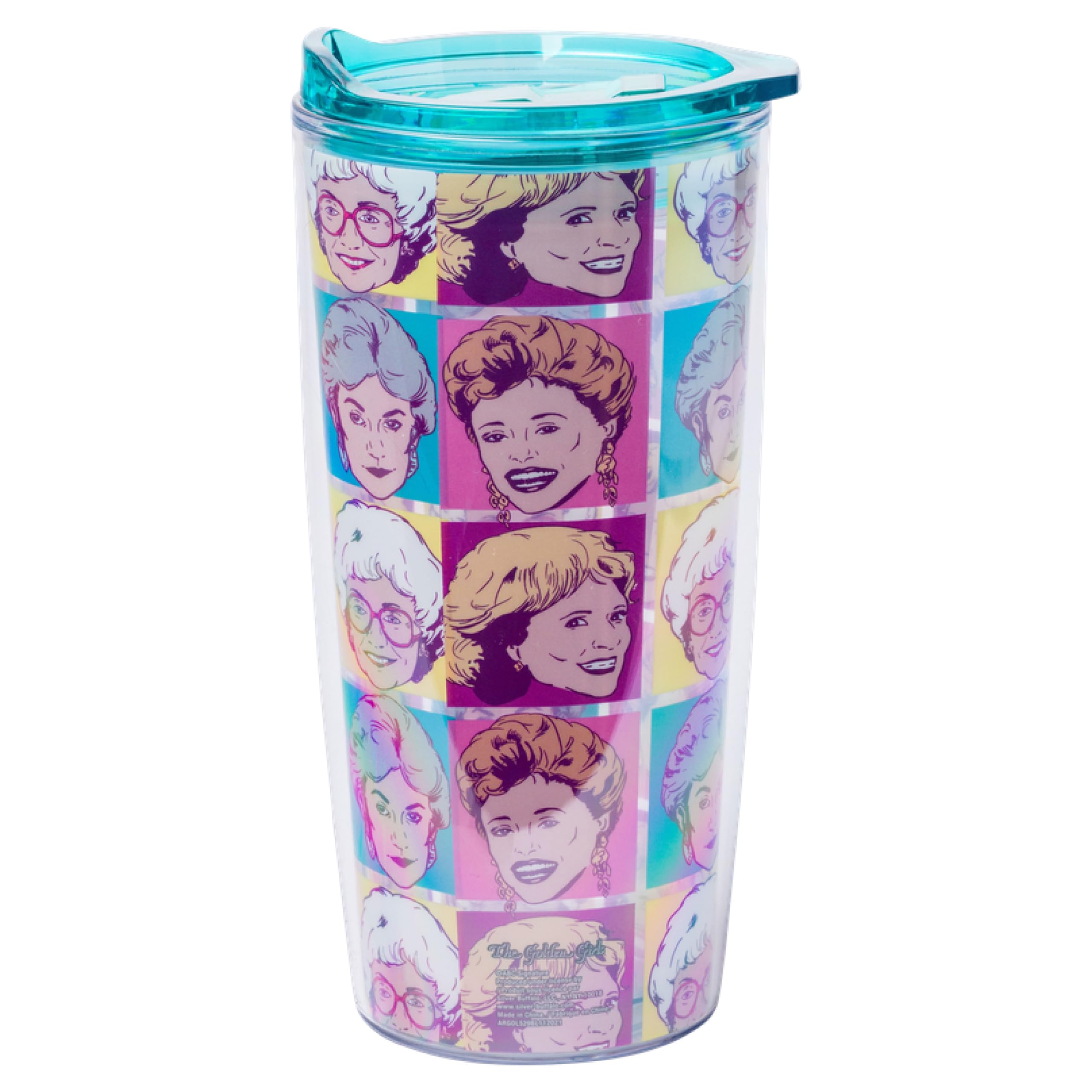 Silver Buffalo Golden Girls Character Grid Featuring Dorothy, Blanche, Rose, and Sophia Double Wall Travel Tumbler with Slide Close Lid, 20 Ounces