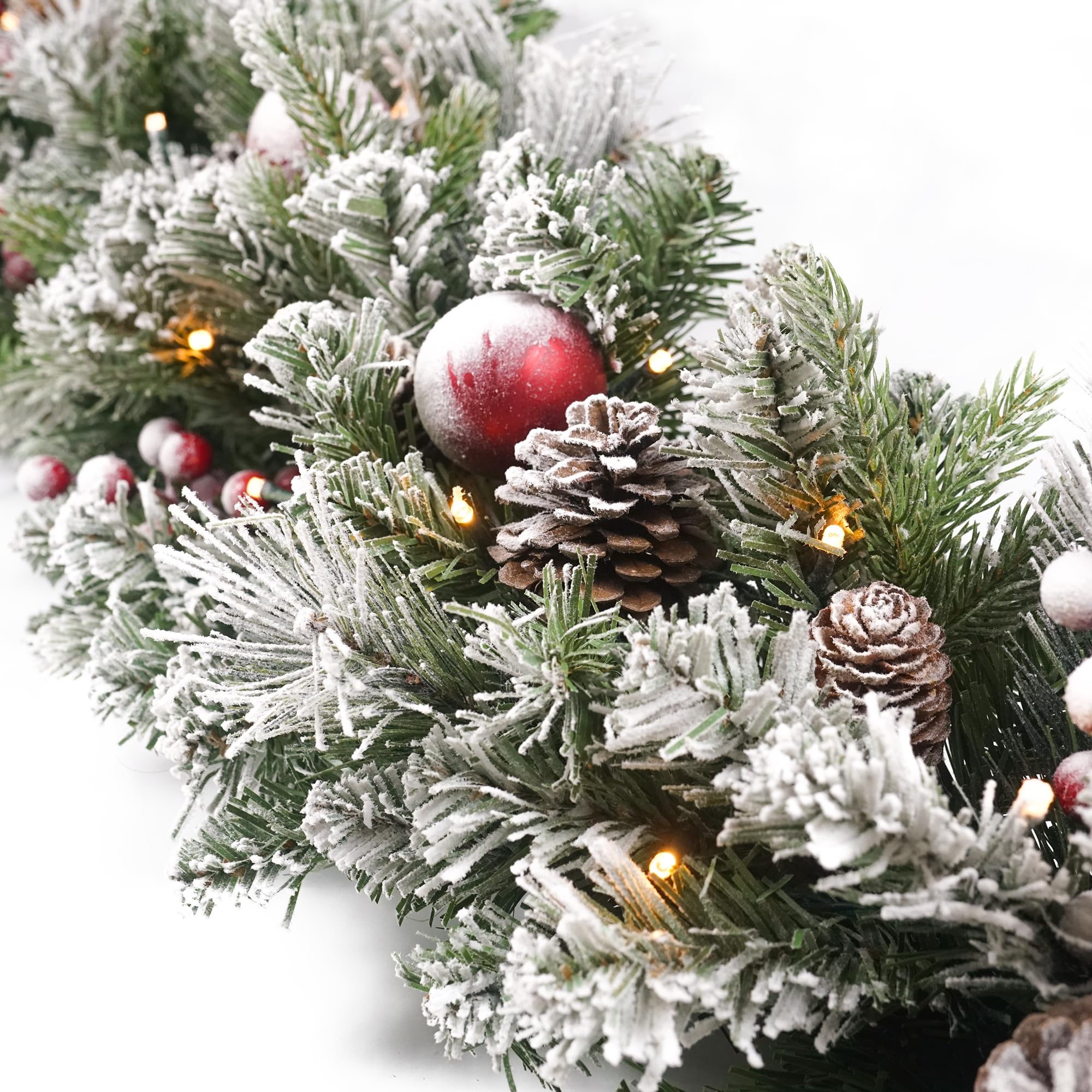 Christmas Garland Flocked 9ft with 50 Lights, Christmas Decor with Pine Cone Red Balls & Berries 50 Light Timer for Mantle Staircase Indoor and Outdoor