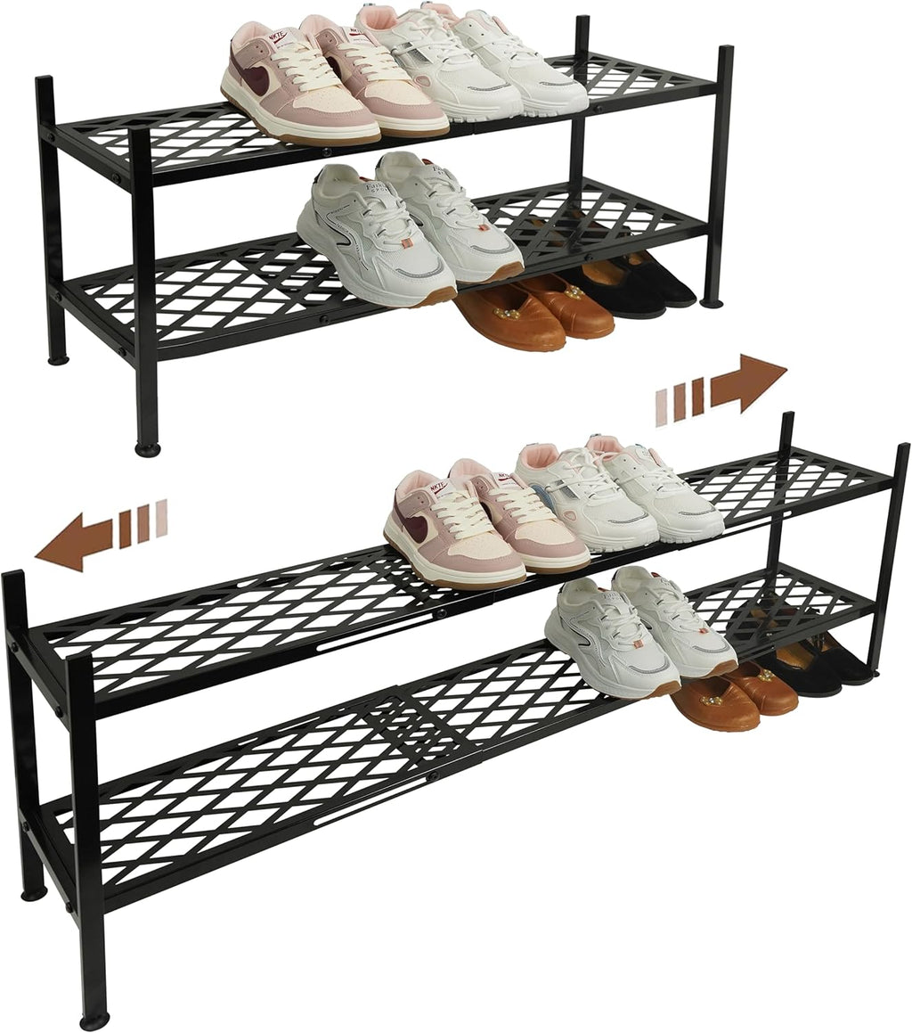 Skiennix Expandable Shoe Rack - 2-Tier Metal Organizer for 12-18 Pairs | Black 45.6 Inches
