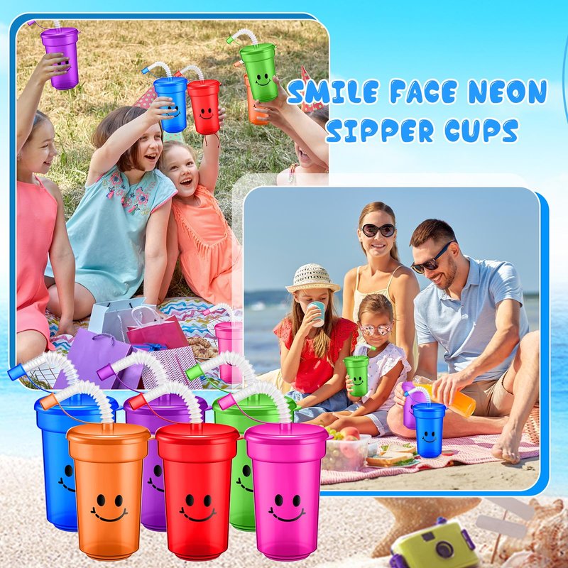 Mumufy Kids 12 oz Neon Cups Bulk Laugh Face Neon Colorful Plastic Cups Reusable Summer Birthday Supplies Kids End of the Year Present for Students(48 Pcs)