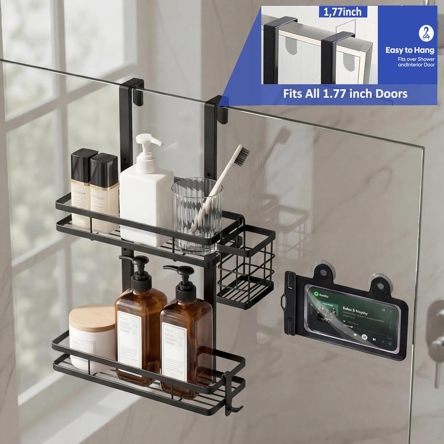 Skiennix Over The Door Shower Caddy - Rustproof 2-Tier Bathroom Organizer with Waterproof Phone Pouch | Black