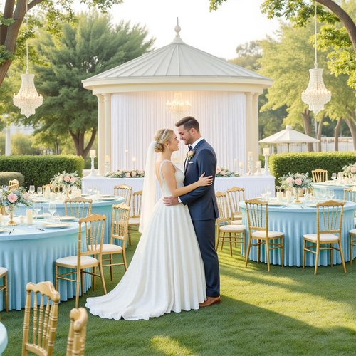 GALLETY 4 Pack Baby Blue Round Tablecloths for 6FT Tables, 132 inch Fitted Round Tablecloth with Skirt, Wrinkle Free Stretchy Table Cloth for Easter Party, Family Reunion & Spring Events