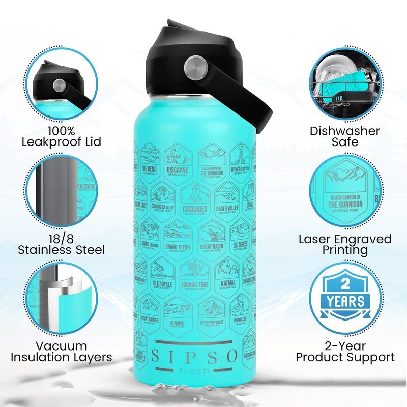 SIPSO fresh Hiking Gift Water Bottle – 32 oz Vacuum Insulated Stainless Steel National Park Water Bottle | 63 Waterproof Stickers & Premium Gift Box | Camping & Outdoor Adventure Gifts (Turquoise)