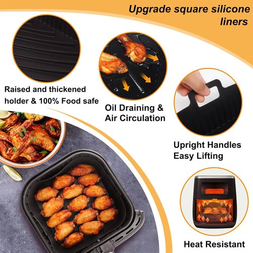 BYKITCHEN 9-Inch Square Silicone Air Fryer Liners - Reusable Tray Inserts for 6 to 8QT Air Fryers | Set of 2