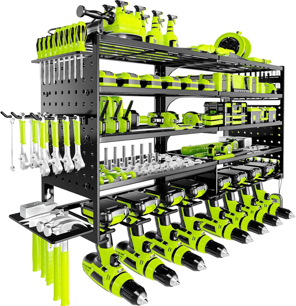 Skiennix Power Tool Organizer - Heavy-Duty Wall Mount Storage Rack with 8 Drill Holders | Black