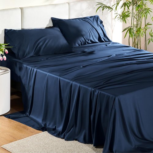 Bedsure Cooling California King Sheet Set - Breathable Rayon from Bamboo, Soft & Silky, Deep Pocket Navy