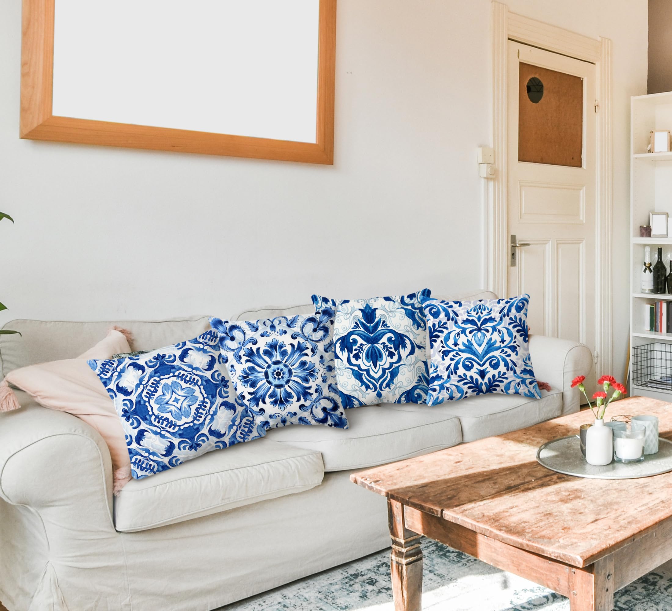 Huester Chinoiserie Pillow Covers - 18x18, Decorative Throw Pillows, Blue and White Porcelain Living Room Home Decor