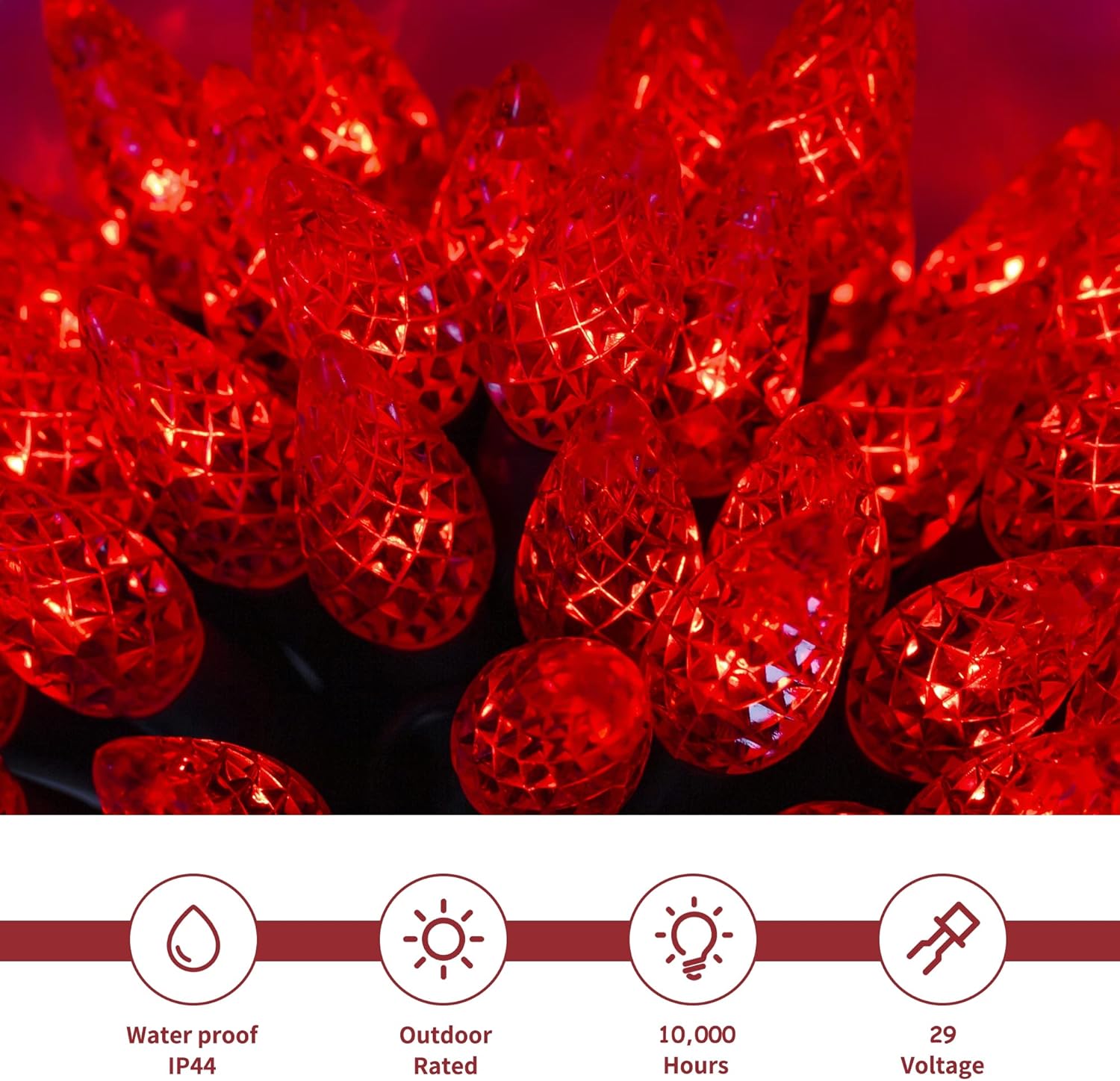 Waterglide C6 33ft 100 LED Faceted String Lights - Waterproof Green Wire Fairy Lights for Indoor/Outdoor Decor | 8 Lighting Modes