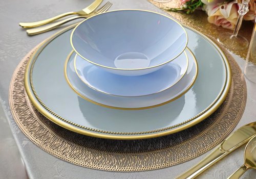 " OCCASIONS " 10 Pieces Round 13'' Round Acrylic Plastic Wedding Chargers, Dinner Party Decoration Charger Plates (Crown, Dusty Blue and Gold)