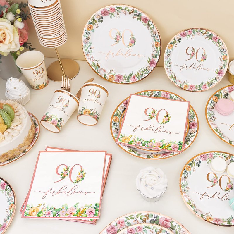Crisky 90th Birthday Napkins and Plates for Women Rose Gold Floral Party Decoration, 90 and Fabulous Plates and Napkins for Women 90th Birthday.