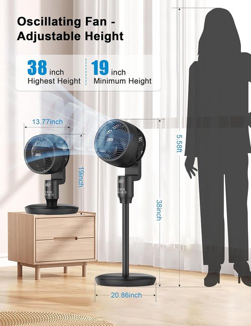 JRD Oscillating Floor Fan - Quiet 70° Pedestal Fan with Remote Control | 6 Speeds, Adjustable 19-38" Height