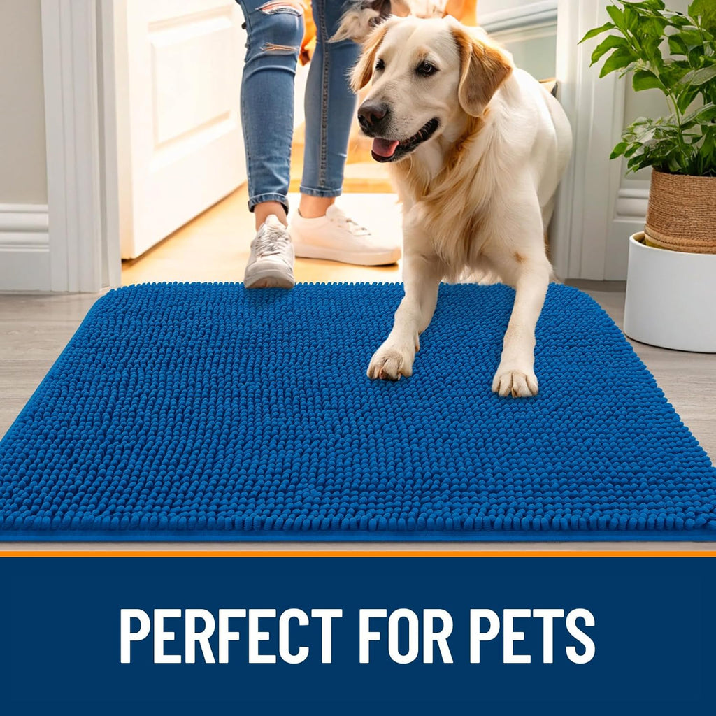 OLANLY Dog Door Mat - Absorbent Non-Slip Chenille for Muddy Paws | 47x24 Deep Navy Blue Indoor Carpet