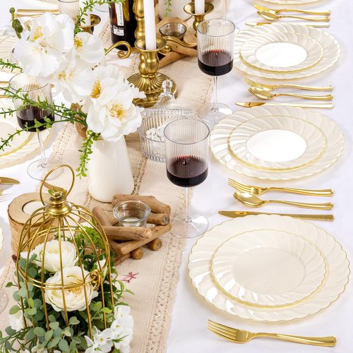 YOUBET 125PCS Scalloped Plastic Plates - Ivory Scalloped Disposable Plates - Gold Plastic Dinnerware Set Include 50 Plates, 75 Gold Silverware for Party & Wedding