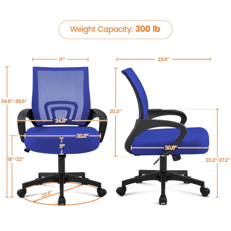 Yaheetech Mid-Back Mesh Office Chair Adjustable Ergonomic Computer Task Chair Swivel Rolling with Lumbar Support Armrest for Home Office Work Study, Blue