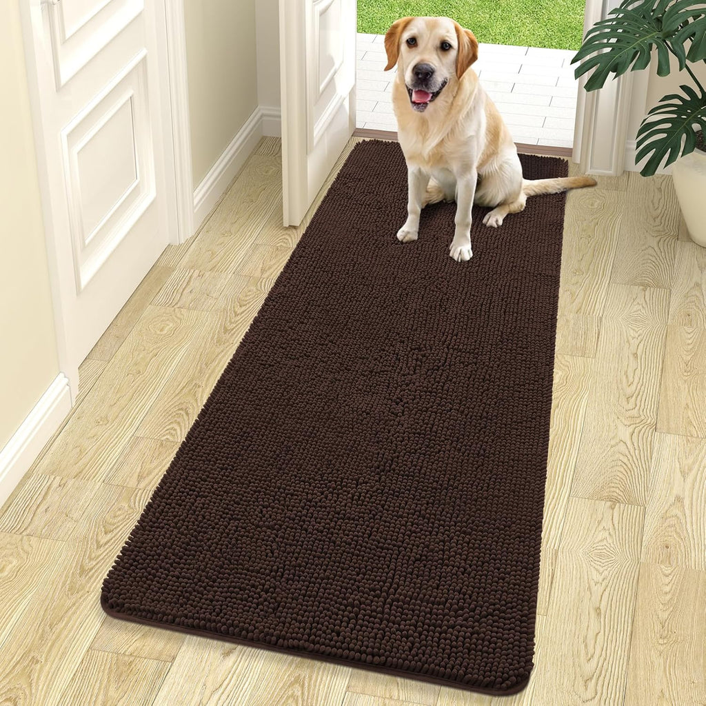 OLANLY Dog Door Mat - Absorbent Non-Slip Chenille for Muddy Paws | 70x24 Inches, Quick Dry, Brown