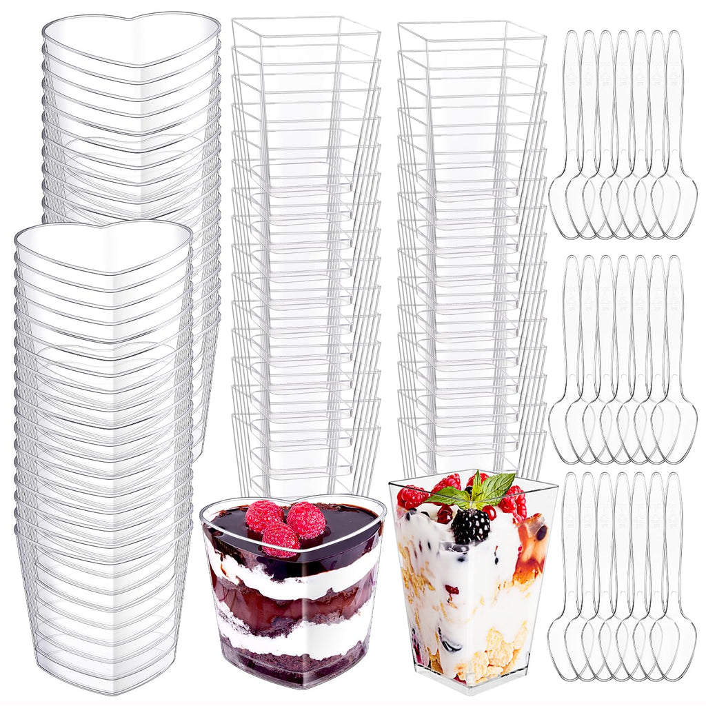 Ahongwenxi 300 Pack Mini Dessert Cups with Spoons, 5 OZ Clear Plastic Dessert Parfait Cup Appetizer Cup for Party, Mini Reusable Square Heart Dessert Cups for Fruit Ice Cream Pudding Cup Bowls