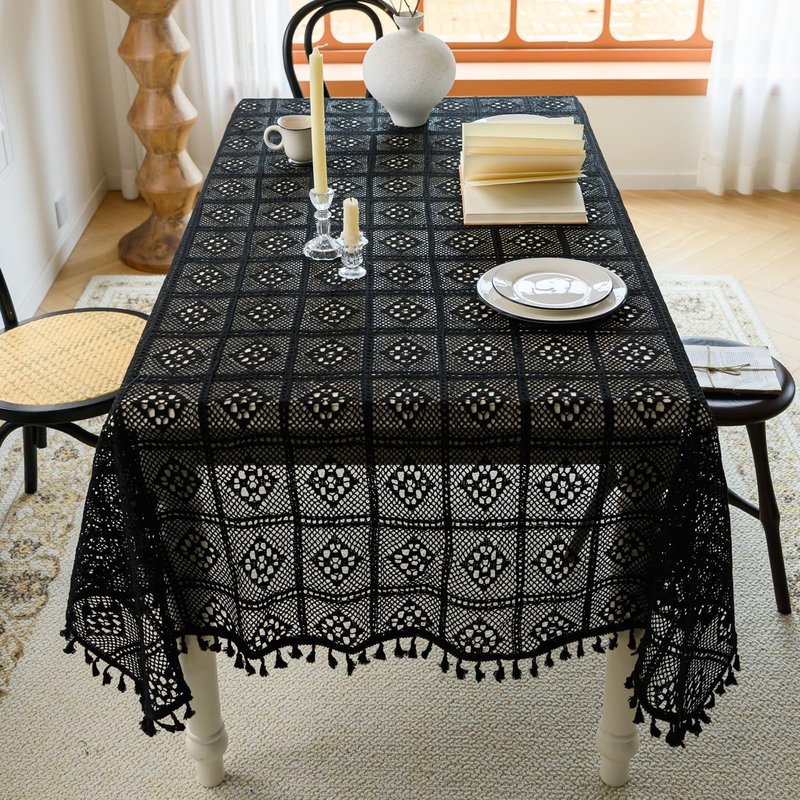 apott Crochet Lace Tablecloth with Tassel Round Table Cover for Kitchen Dinning Wedding Party Decoration Black 24x24 Inch