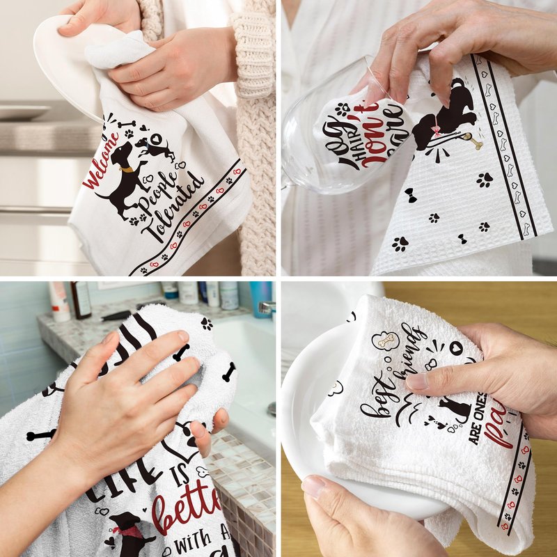 Hexagram Dog Dish Towels and Dish Cloths Dog Mom Gifts for Women Lovers, Funny Kitchen Hand Towels Sets of 4, Dogs Welcome People Tolerated Sayings Tea Towel Housewarming Decor for New Home Bathroom