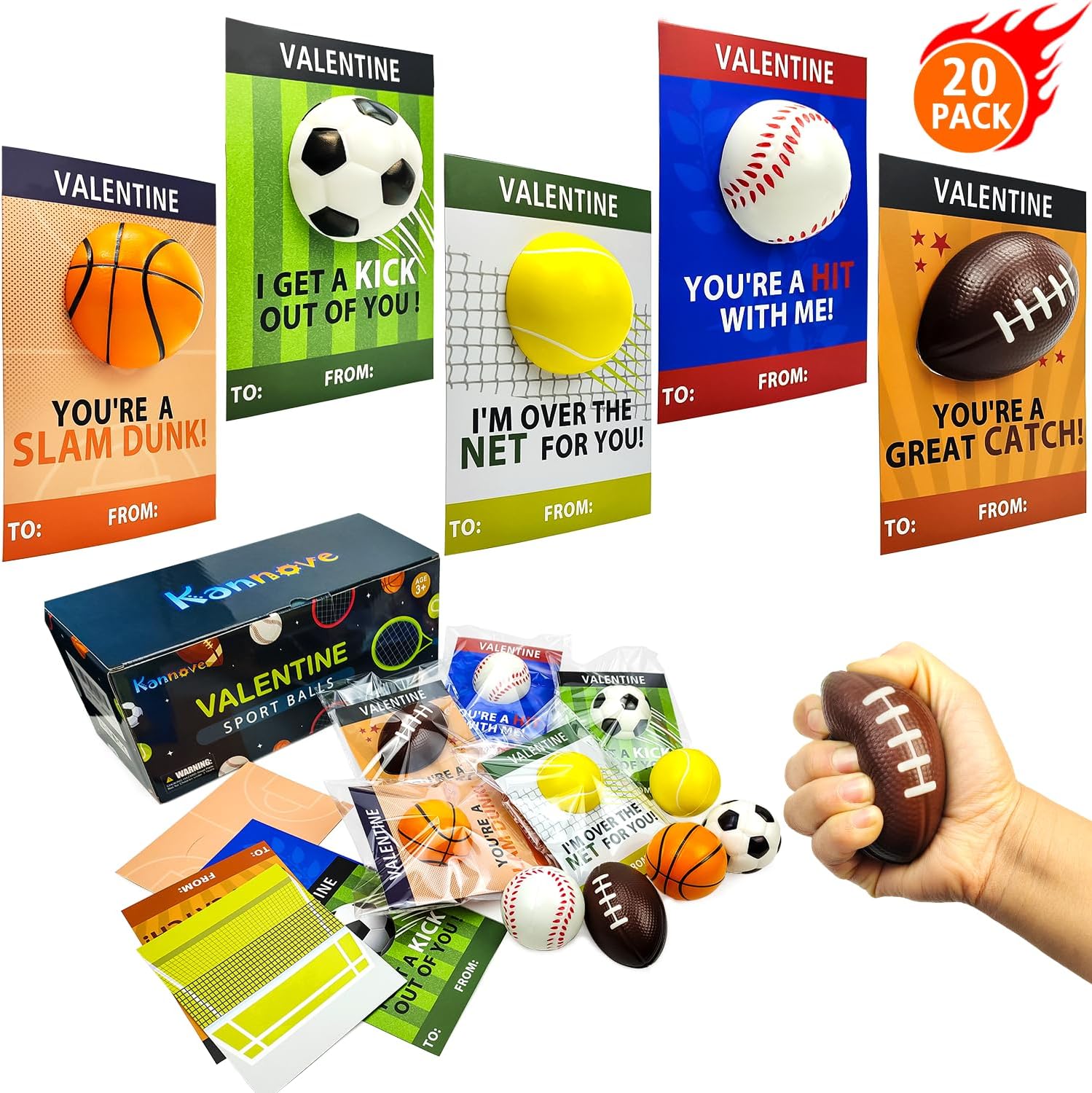 Valentine's Day Sports Gifts - 20 Pack Foam Sport Ball Toys with Exchange Cards for Kids