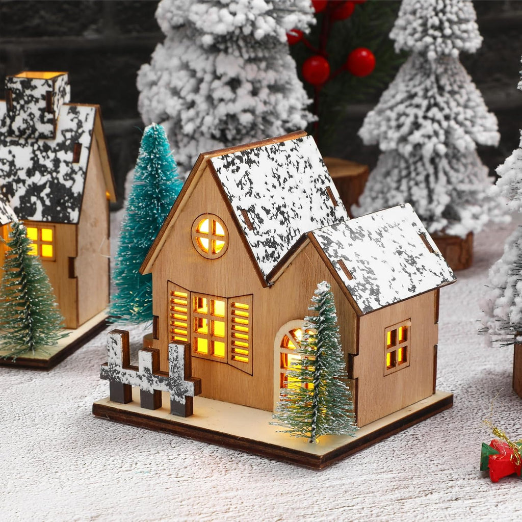 Toyvian Christmas Village Houses Decor - 3 Pcs Glowing Wooden Cabin Set with Lights for Holiday Centerpieces