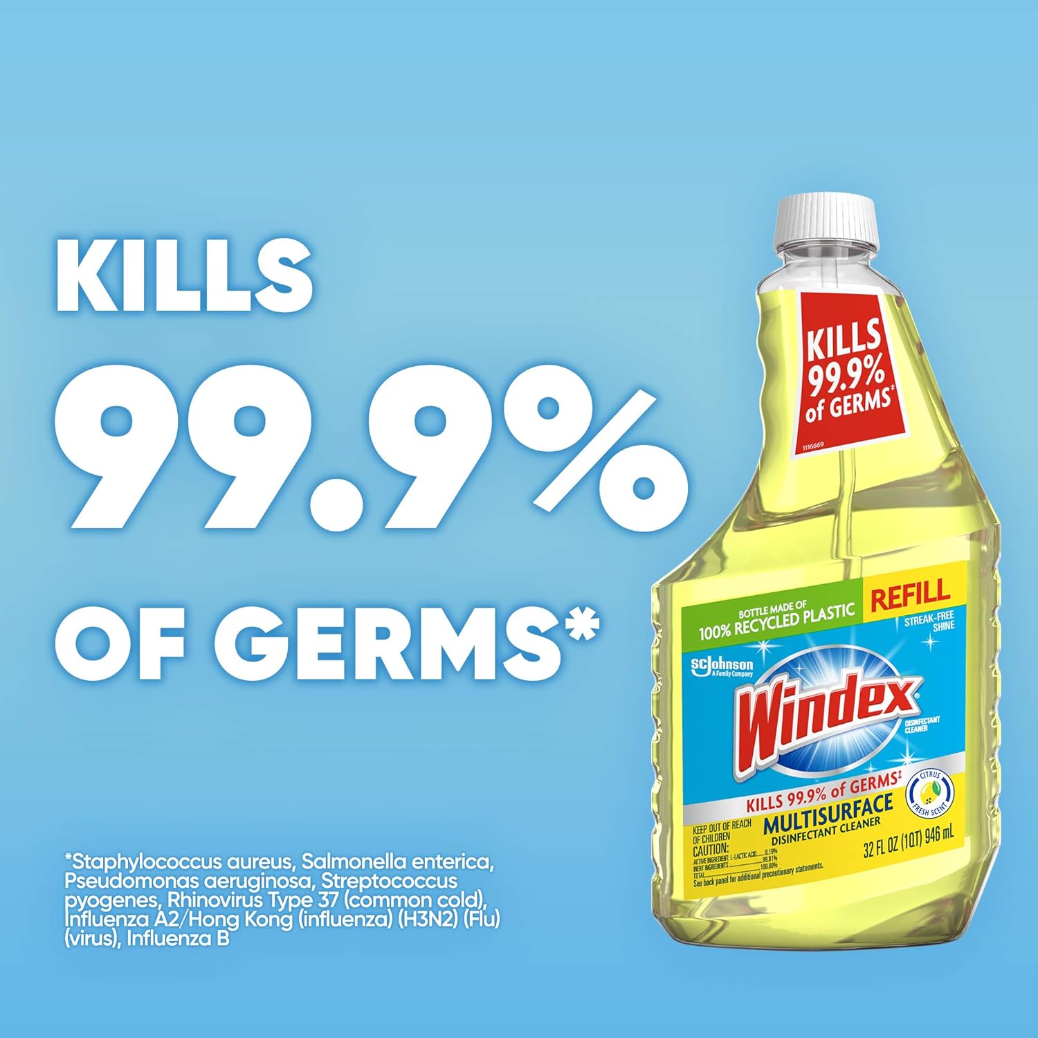 Windex Refill Multipurpose Disinfectant Cleaner - Citrus Fresh Scent, 32 Fl Oz | Eco-Friendly Bottle Made from 100% Recovered Coastal Plastic (Pack of 3)