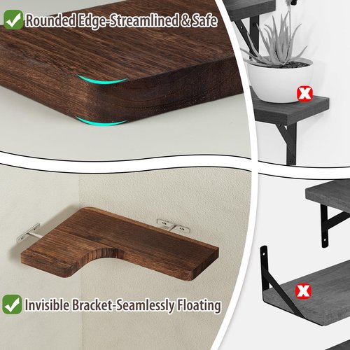 SAUMONIERES Corner Floating Shelves Wall Mount Shelf Solid Wood for Bedroom Bathroom Room Kitchen Storage Set of 3, Rustic Brown, Invisible Brackets