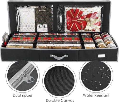 Hearth & Harbor Wrapping Paper Storage Container - Tear-Proof Organizer for 22 Rolls - Christmas Gift Bag with Pockets