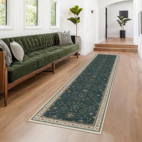 Hazo Haus Dark Green Kitchen Rug - Modern Vintage Boho Floral Design, 10 ft Long, Washable Non-Slip Runner