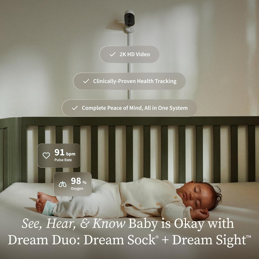Owlet Dream Duo (Gen 3) Smart Baby Monitor Bundle - 2K HD Video, Alerts & Dream Sock for Oxygen, Heart Rate & Sleep Tracking | Health Insights via App