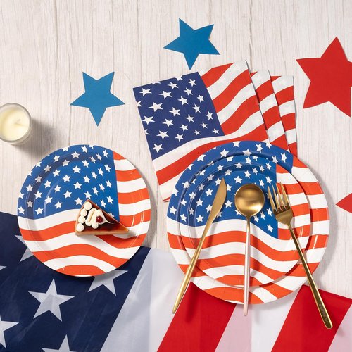192PCS American Flag Patriotic Party Plates and Napkins Set Supplies for Veterans, Election, 4th of July, Independence Day Decorations, BBQ, Picnic, Summer Celebration Serves 48 Guests