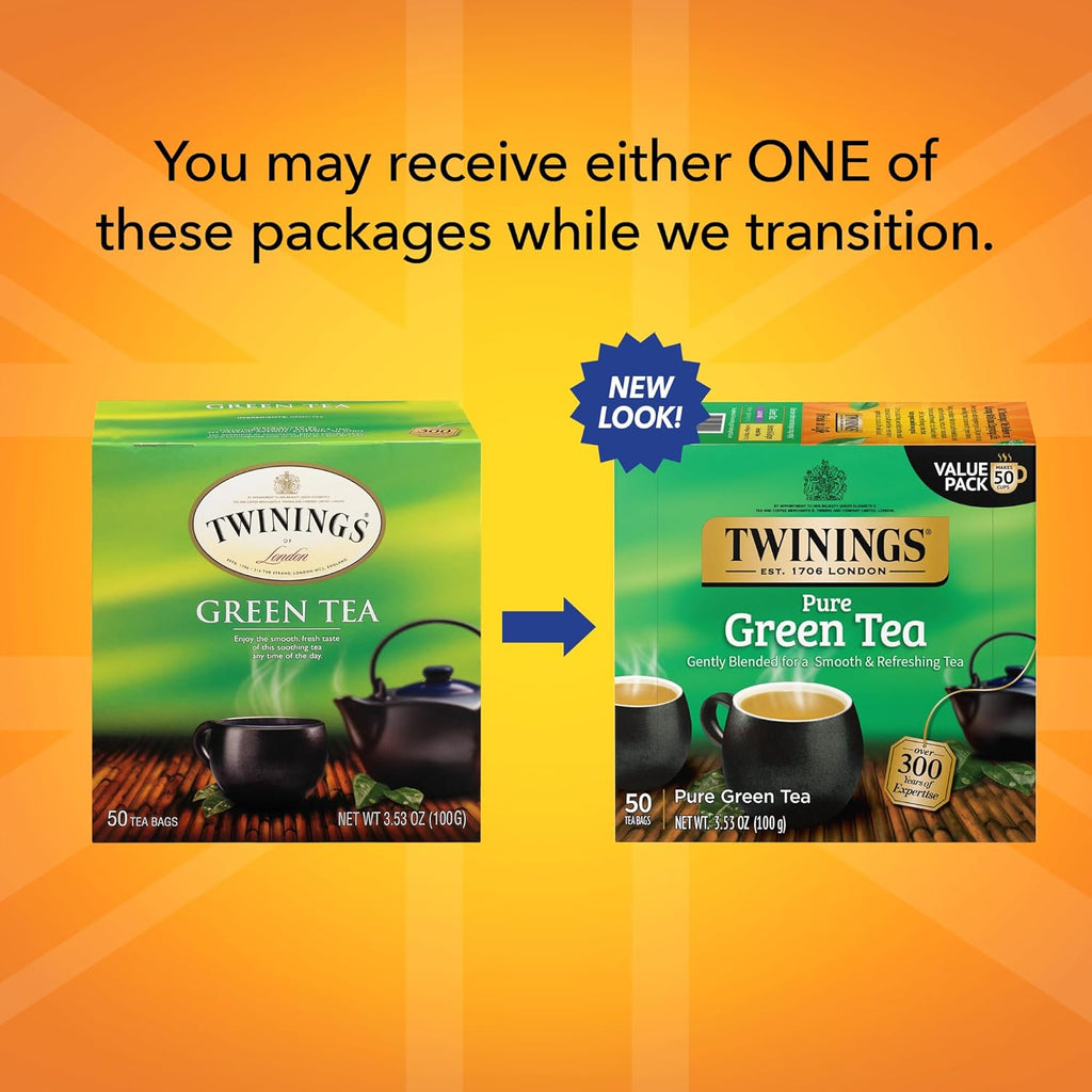 Twinings Pure Green Tea - Individually Wrapped Bags, Smooth Flavor & Enticing Aroma | 50 Count (Pack of 6)