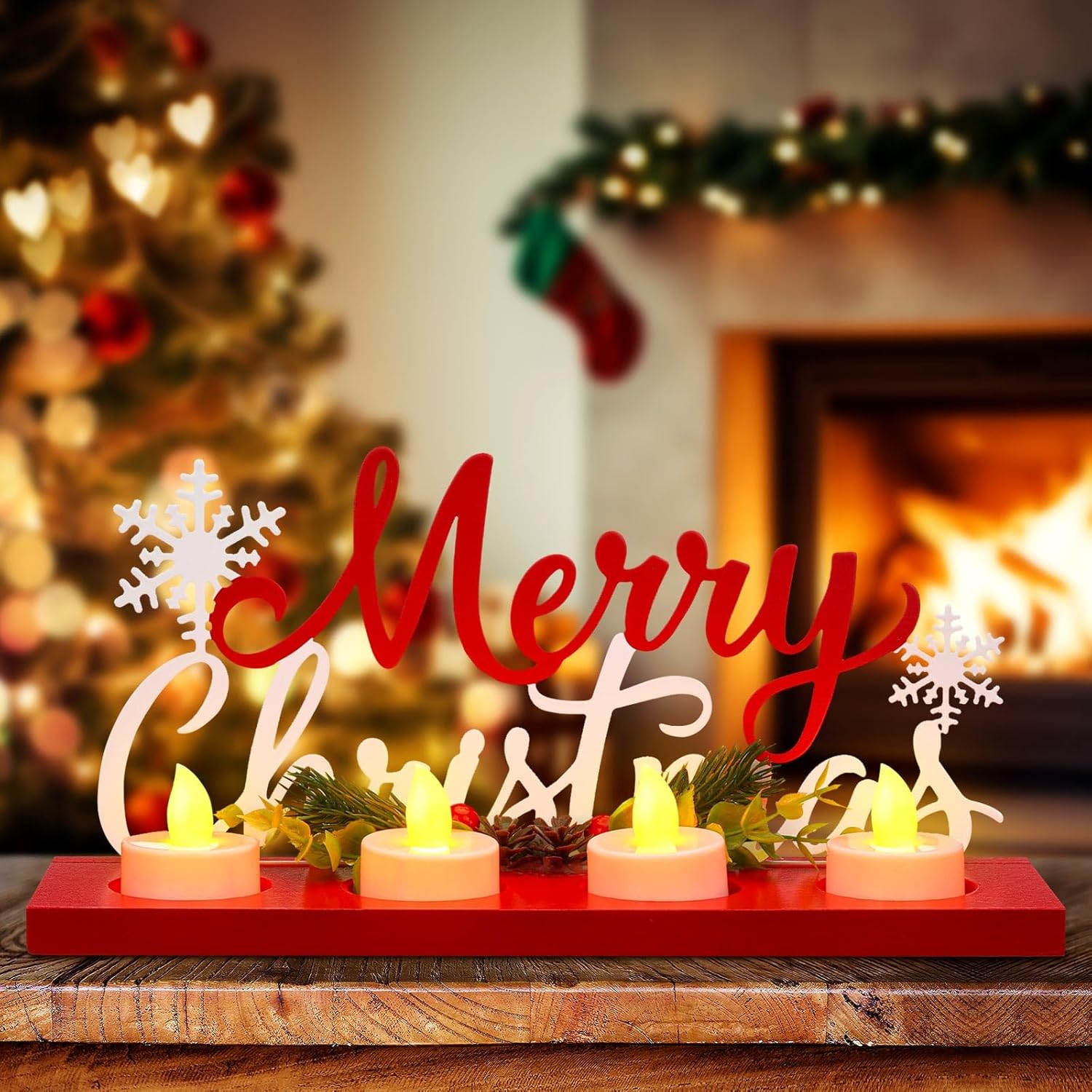 Rossesay Flameless Tea Light Candle Stand - Merry Christmas Table Centerpiece Decoration | Perfect Holiday Gift
