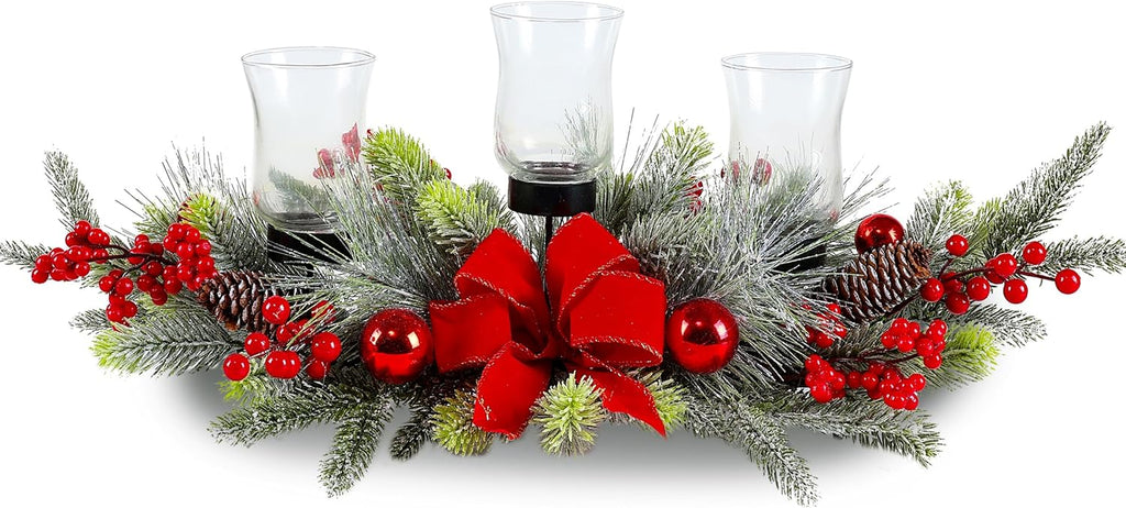 Regine Switzerland Red Christmas Table Centerpiece - Cedar Decoration with 3 Candlestick Glass Cups & Red Berries for Holiday Parties