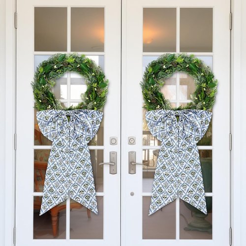 HunnmingRe Christmas Wreath Sash - 2 Pcs Blue Block Print Bow | 24 x 16 Inch Floral Burlap Decor
